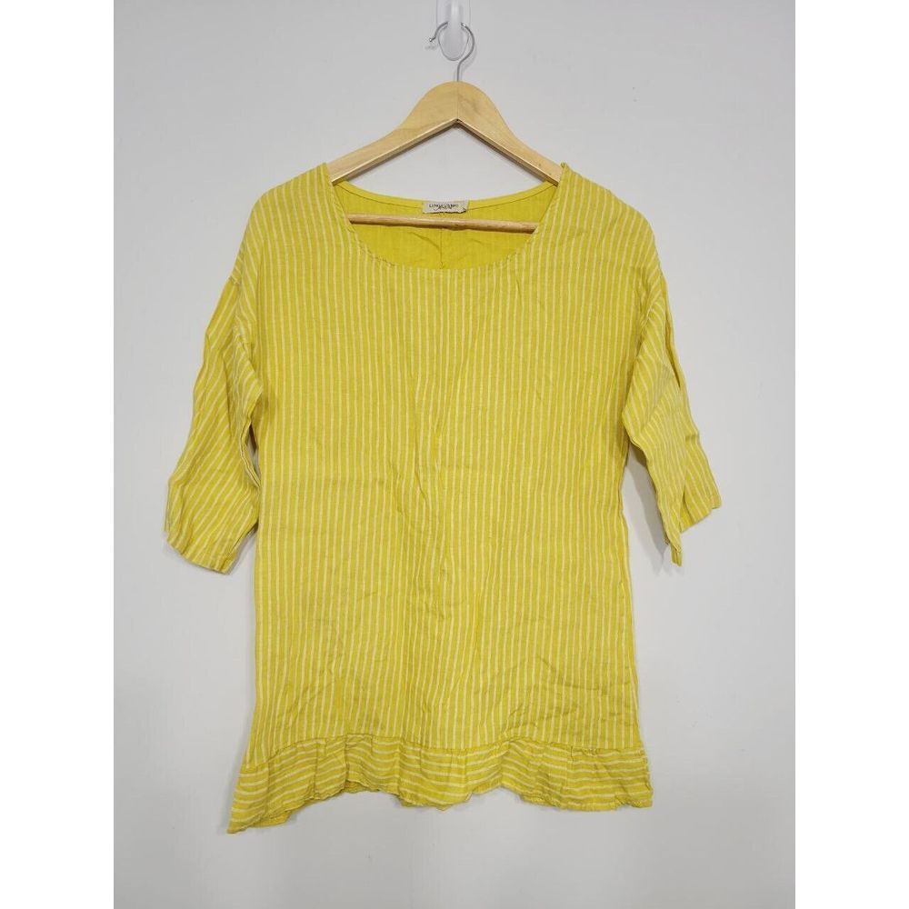 Lungo L'arno Women's Blouse Size Small Yellow Stripe 3/4th Sleeve Linen‎